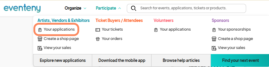 The highlighted 'Your applications' link under 'Artists, Vendors & Exhibitors' is circled in the Eventeny dropdown menu.