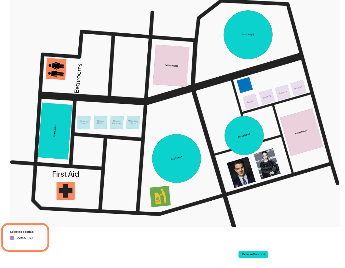 A map view showing 'Booth 5' highlighted as selected in the bottom-left corner with a 'Reserve Booth(s)' button below.