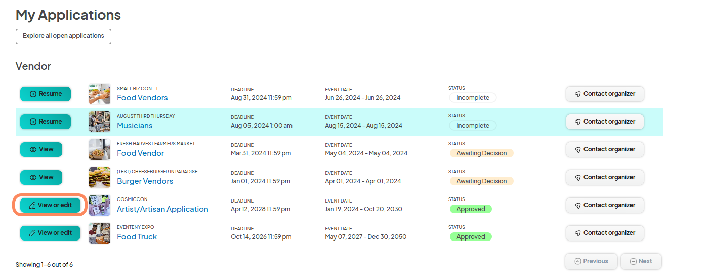 The highlighted 'View or edit' button is circled for an 'Artist/Artisan Application' on the My Applications page.