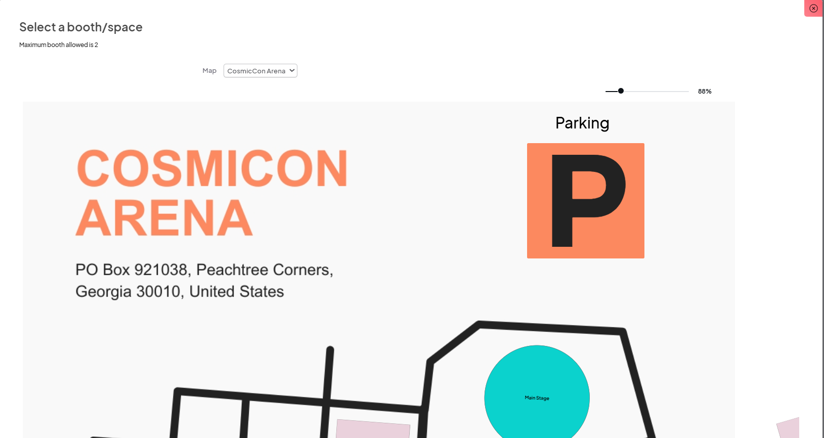 A map view of 'COSMICON ARENA' showing the parking area with a large 'P' symbol.