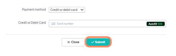 A payment form where the 'Submit' button is highlighted under the 'Credit or Debit Card' input field.
