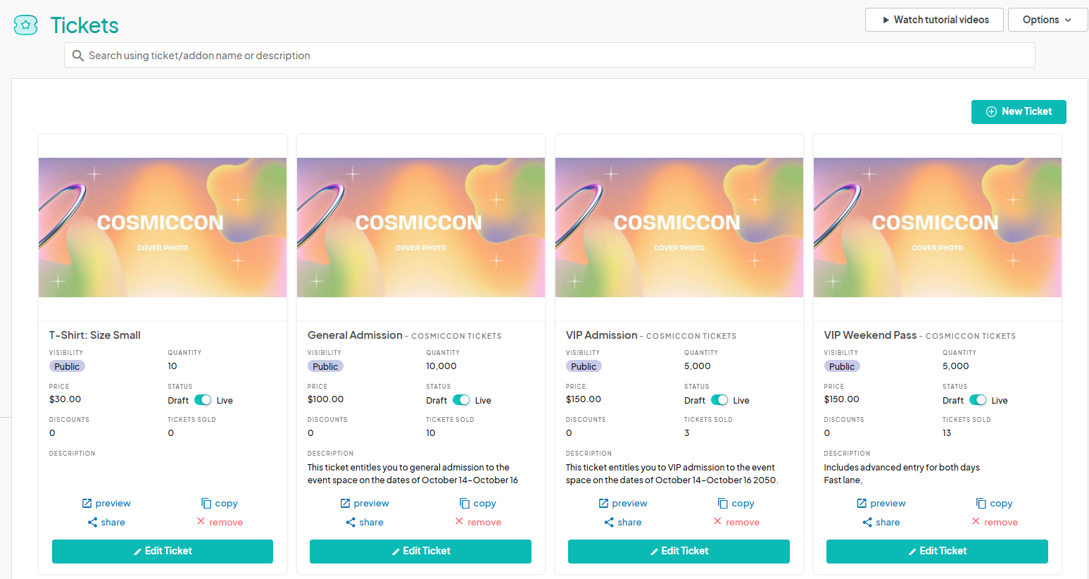 an image showing user the ticket dashboard with the option to edit an existing ticket or to create a new ticket.