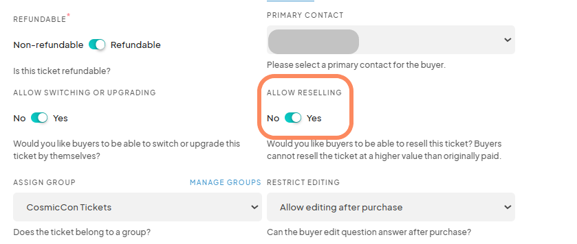 an image showing users the ticket setting fields with an orange circle highlighting the setting that allows the user to enable ticket reselling option.