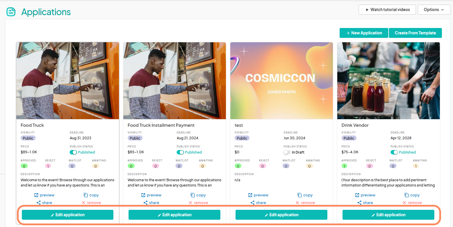 'Applications' page displaying different vendor application cards, with 'Edit application' buttons highlighted at the bottom of each card.