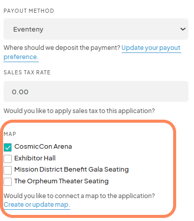 'Payout Method' and 'Sales Tax Rate' settings with a list of maps under the 'Map' section, checkboxes are available for selection.