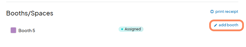 The highlighted 'add booth' link is circled, showing 'Booth 5' assigned with a status of 'Assigned'.