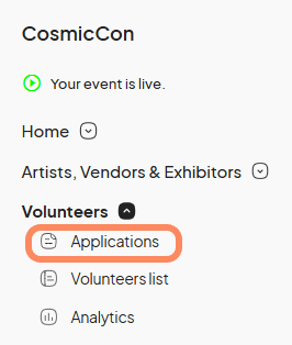 Event management menu expanded for CosmicCon, with the Applications option highlighted under Volunteers.