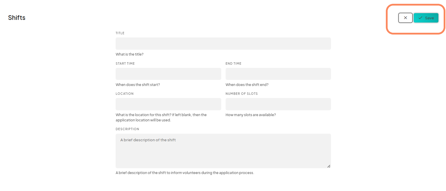 Form to create or edit a shift, with fields for title, start and end time, location, and description, and the Save button highlighted.