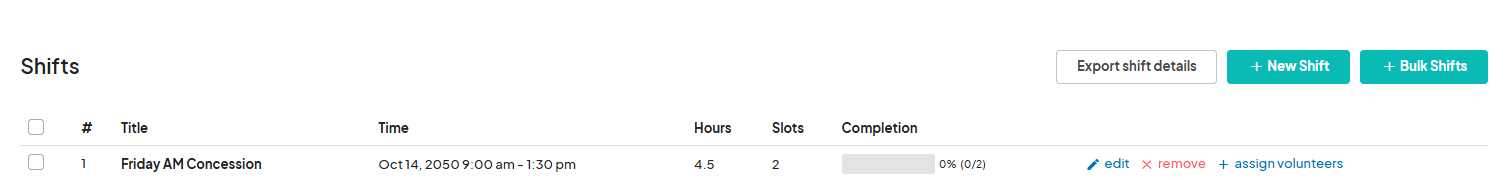 Toolbar section highlighting the Bulk Shifts button next to New Shift and Export shift details for managing shifts.