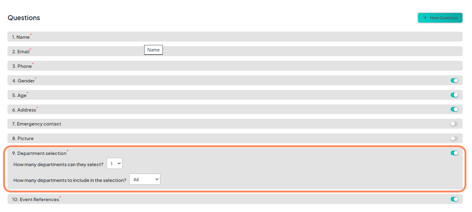 Interface showing the volunteer application question list with Department selection highlighted, indicating options to select how many departments can be chosen and included in the selection.