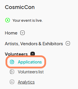Sidebar navigation for the CosmicCon event, with a highlighted Applications section under Volunteers.