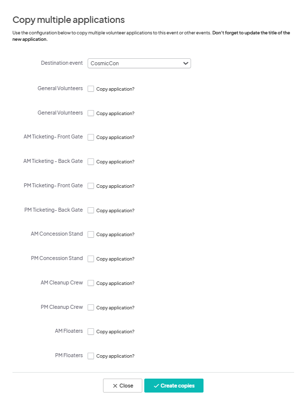 Copy multiple applications popup for selecting and copying volunteer applications to a specified event.