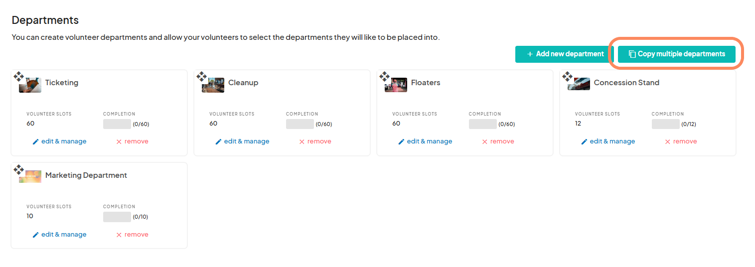 Departments page showing existing volunteer departments for CosmicCon, with an option to copy multiple departments.