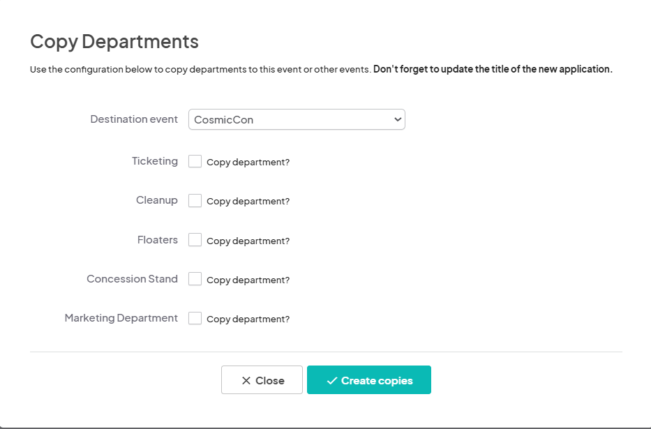 Copy departments popup for selecting and copying volunteer departments to a specified event.