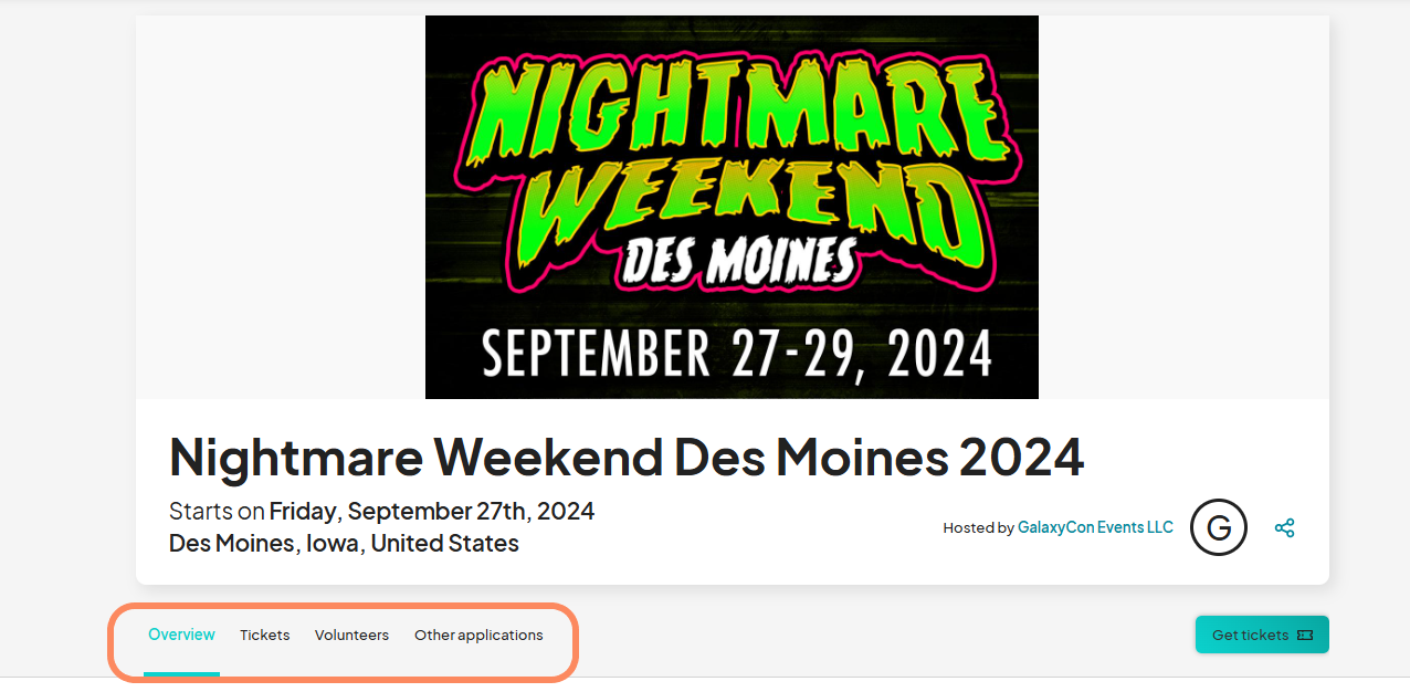 Event details page for Nightmare Weekend Des Moines 2024, displaying the event name, location, date, and tabs for overview, tickets, volunteers, and other applications. A large event banner is shown with bold text for the event title and date.