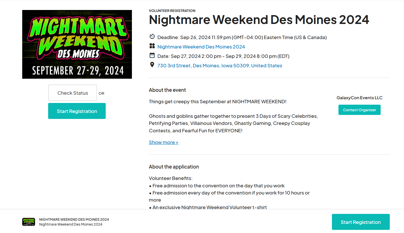 Volunteer application page for Nightmare Weekend Des Moines 2024, showing a card with the event details, volunteer benefits, and a teal 'Apply now' button on the right.