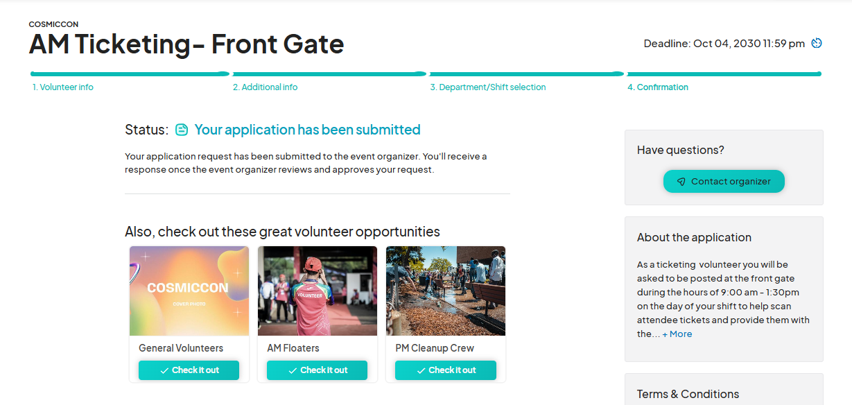 Shift availability selection page listing different volunteer shifts with time slots, descriptions, and checkboxes for agreement to terms and conditions. A teal 'Submit' button is located at the bottom.