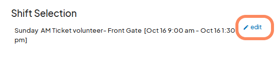 Volunteer information section with editable fields for name, legal name, email, phone, and gender. A small 'edit' icon is highlighted in orange for making changes.