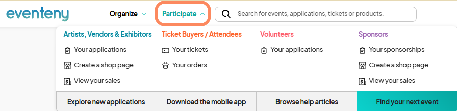 The 'Participate' tab in the Eventeny platform, showing options for Artists, Vendors & Exhibitors, Ticket Buyers/Attendees, Volunteers, and Sponsors.