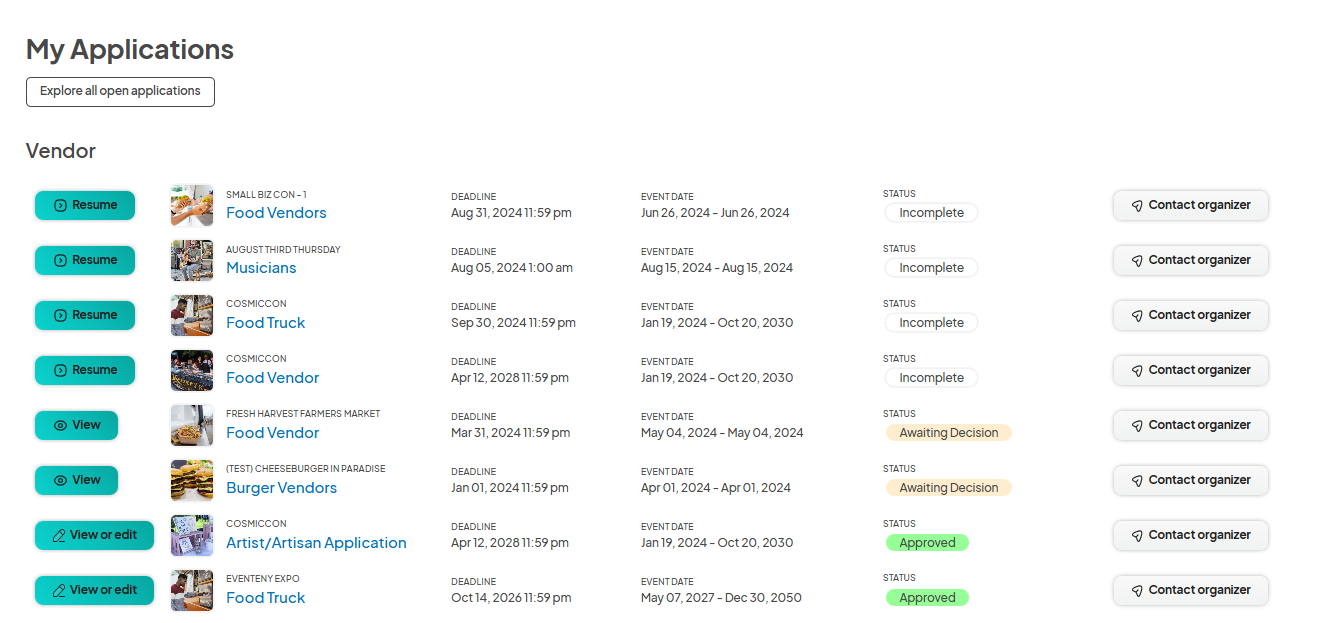 A list of applications under the 'My Applications' section for a user, showing different event applications such as Food Vendors, Musicians, and Food Trucks, with status indicators and options to resume, view, or contact the organizer.