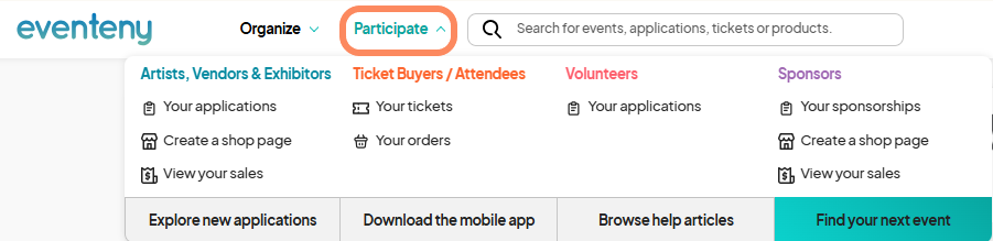 Dropdown menu under 'Participate' with options for 'Artists, Vendors & Exhibitors,' 'Ticket Buyers / Attendees,' 'Volunteers,' and 'Sponsors.'