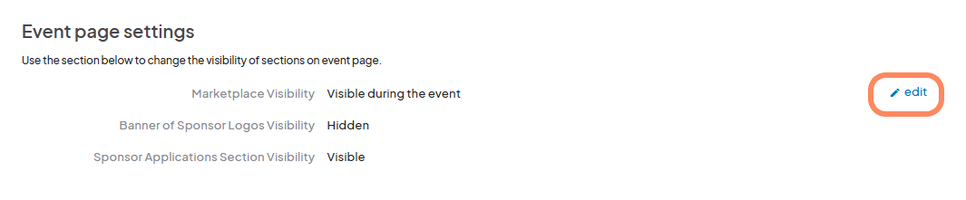 Event page settings displaying visibility options for 'Marketplace Visibility,' 'Banner of Sponsor Logos Visibility,' and 'Sponsor Applications Section Visibility,' with 'edit' button highlighted.