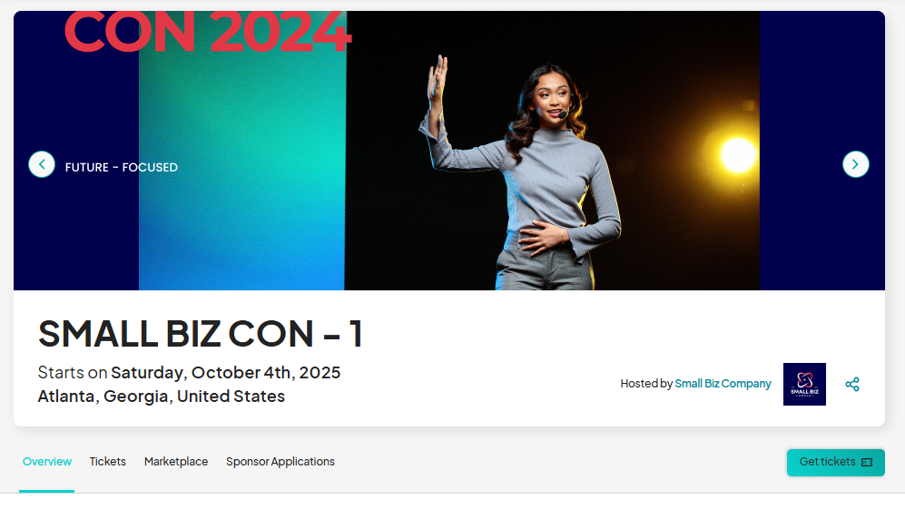 Event page for 'SMALL BIZ CON - 1,' showing event details, date, location, and a header image with a speaker on stage.