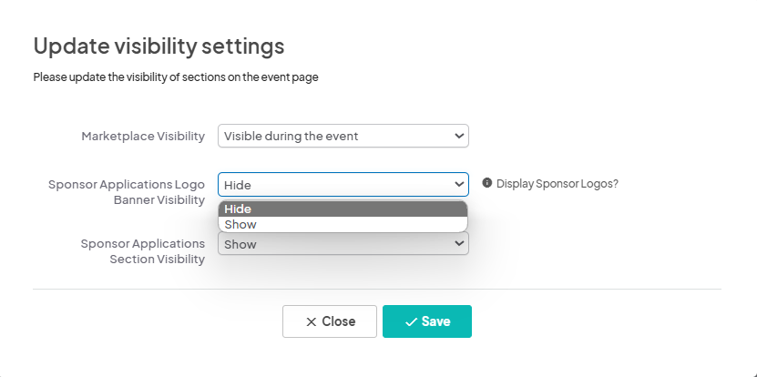 Visibility settings modal for updating section visibility on the event page, with options to hide or show various elements and 'Save' button highlighted.