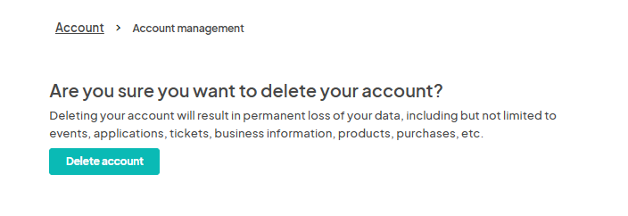 Text on the screen asks, 'Are you sure you want to delete your account?' with a warning about permanent data loss and a 'Delete account' button below.
