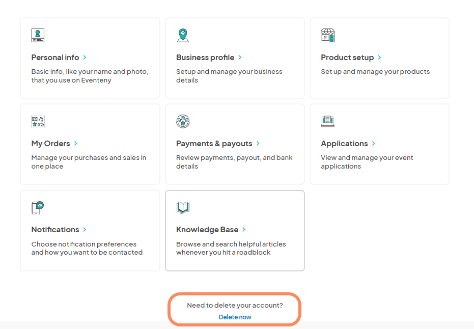 an image showing users the account settings page with an orange circle highlighting the 'Delete now' button.