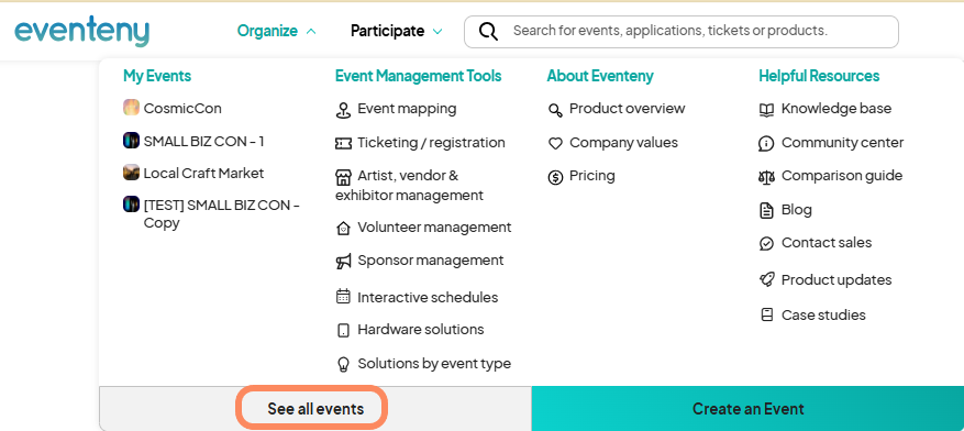 an image showing users the 'Organize' tab dorp-down menu with the 'See All Events' button highlighted with an orange circling.