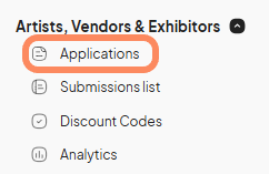 The left-hand menu of the 'Artists, Vendors & Exhibitors' section is shown with 'Applications' highlighted. Other menu options include 'Submissions list', 'Discount Codes', and 'Analytics'.