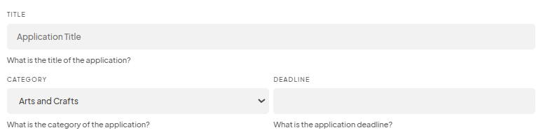 The 'Application Title' field is displayed with an empty text box, and dropdowns for 'Category' and 'Deadline' are shown. The category is set to 'Arts and Crafts'.