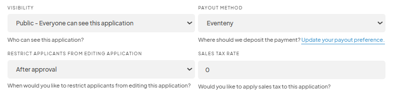 Eventeny application settings with options for visibility (set to 'Public - Everyone can see this application'), payout method (Eventeny), restriction on editing after approval, and a sales tax rate set to 0.