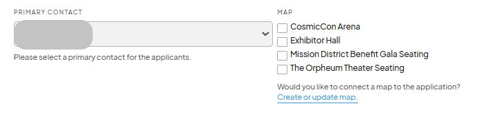 Eventeny form fields for selecting the primary contact for the application and associating maps with the event. Multiple maps are listed, including 'CosmicCon Arena' and 'Exhibitor Hall'.