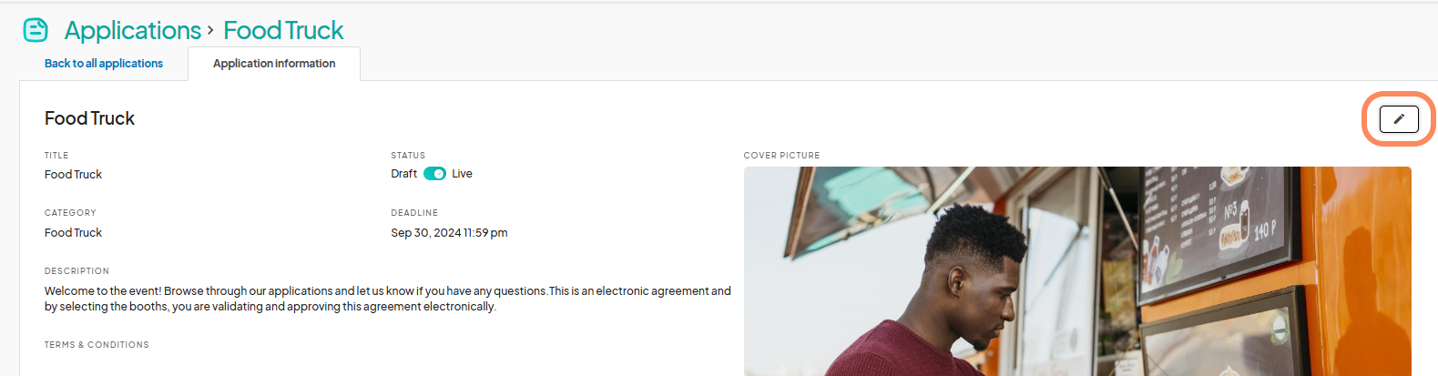 Eventeny 'Application Information' page for 'Food Truck'. The application is in 'Draft' mode and has a deadline of September 30, 2024. There is a pencil icon on the right to edit the cover picture.