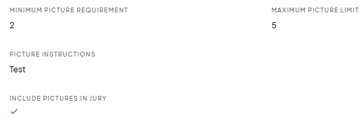 This section shows settings for pictures with 'Minimum picture requirement' set to 2 and 'Maximum picture limit' set to 5. There is a field labeled 'Picture instructions' with the word 'Test' entered. A checkbox indicates that pictures will be included in jury selection.