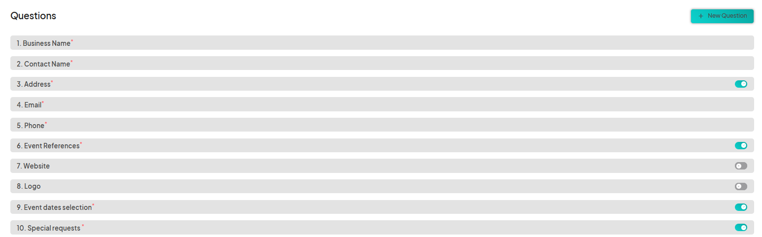 A form showing a list of required fields for an event application, including 'Business Name', 'Contact Name', 'Address', 'Email', 'Phone', 'Event References', 'Website', 'Logo', 'Event dates selection', and 'Special requests'. All fields have an on/off toggle next to them, with some toggled on.