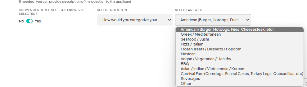 A dropdown list of food categories, including 'American (Burger, Hotdogs, Fries, Cheesesteak, etc.)', 'Greek / Mediterranean', 'Seafood / Sushi', and others, is displayed.