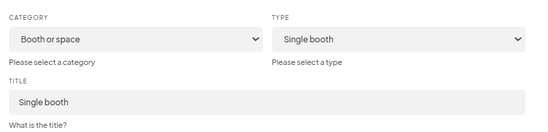 A form with fields for category, type (e.g., Single booth), and title.
