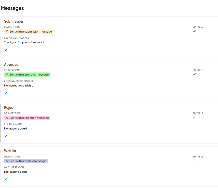  A 'Messages' section for Submission, Approve, Reject, and Waitlist, each with editable reasons and instructions.