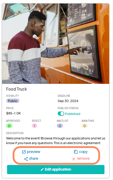 An event application card titled 'Food Truck' with details including visibility (Public), price range ($85–1.0K), deadline (Sep 30, 2024), and publish status (Published). The application shows approval, rejection, waitlist, and awaiting counters. Below the details are options for 'Preview,' 'Share,' 'Copy,' and 'Remove,' with a teal 'Edit application' button at the bottom.