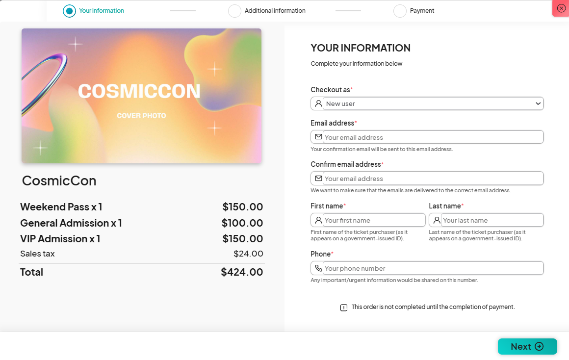 Screenshot showing the 'User Info' form for entering personal details during ticket purchase.