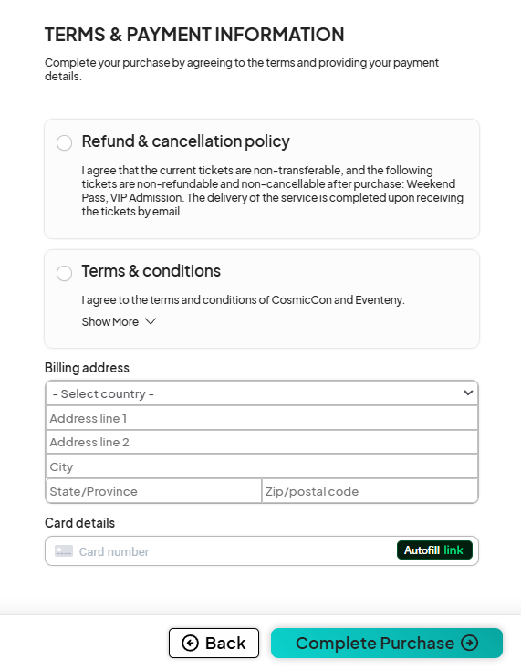Screenshot of the 'Terms & Payment Information' page where users input payment details.
