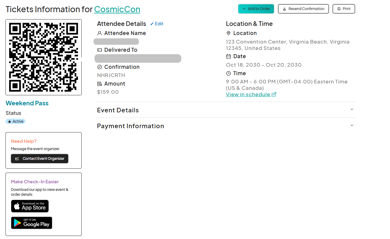 Screenshot of the confirmation screen indicating successful ticket purchase.