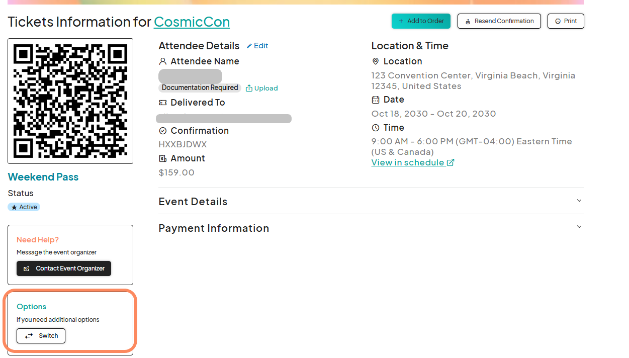 Screenshot of the ticket details page with a 'Switch Ticket' button at the bottom right.
