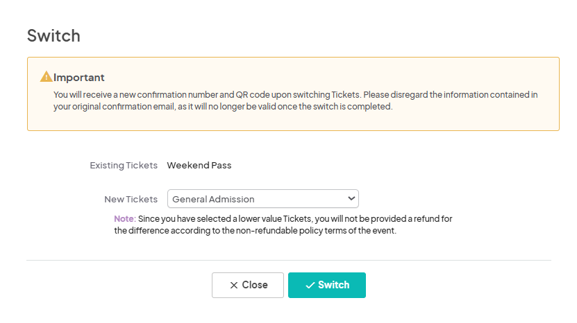 Screenshot of the ticket switching modal with detailed options for selecting a new ticket.