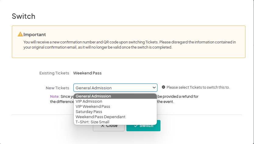 Screenshot of the 'New ticket' dropdown menu with different ticket upgrade options.