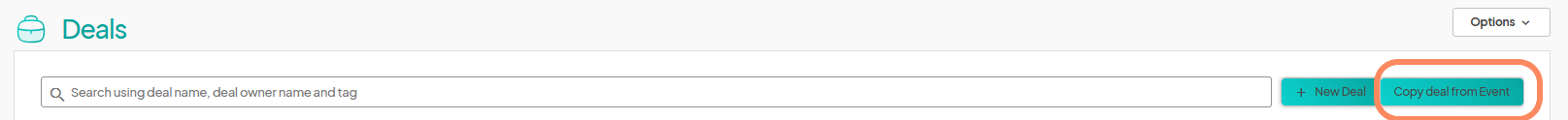 Screenshot of the 'Deals' page with a search bar and a highlighted button labeled 'Copy deal from Event'.