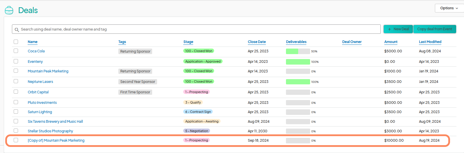 Screenshot of the 'Deals' management page, showing a list of deals with one deal titled '[Copy of] Mountain Peak Marketing' highlighted.
